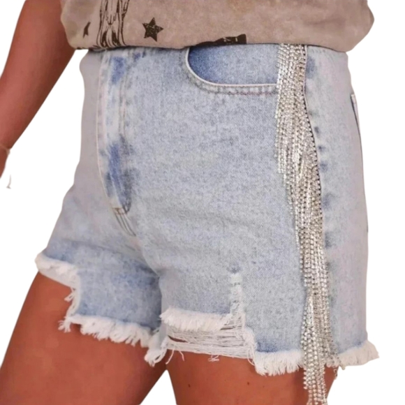 Rhinestone Fringe JULIANA'S Denim Shorts with SZ Small - Picture 2 of 4
